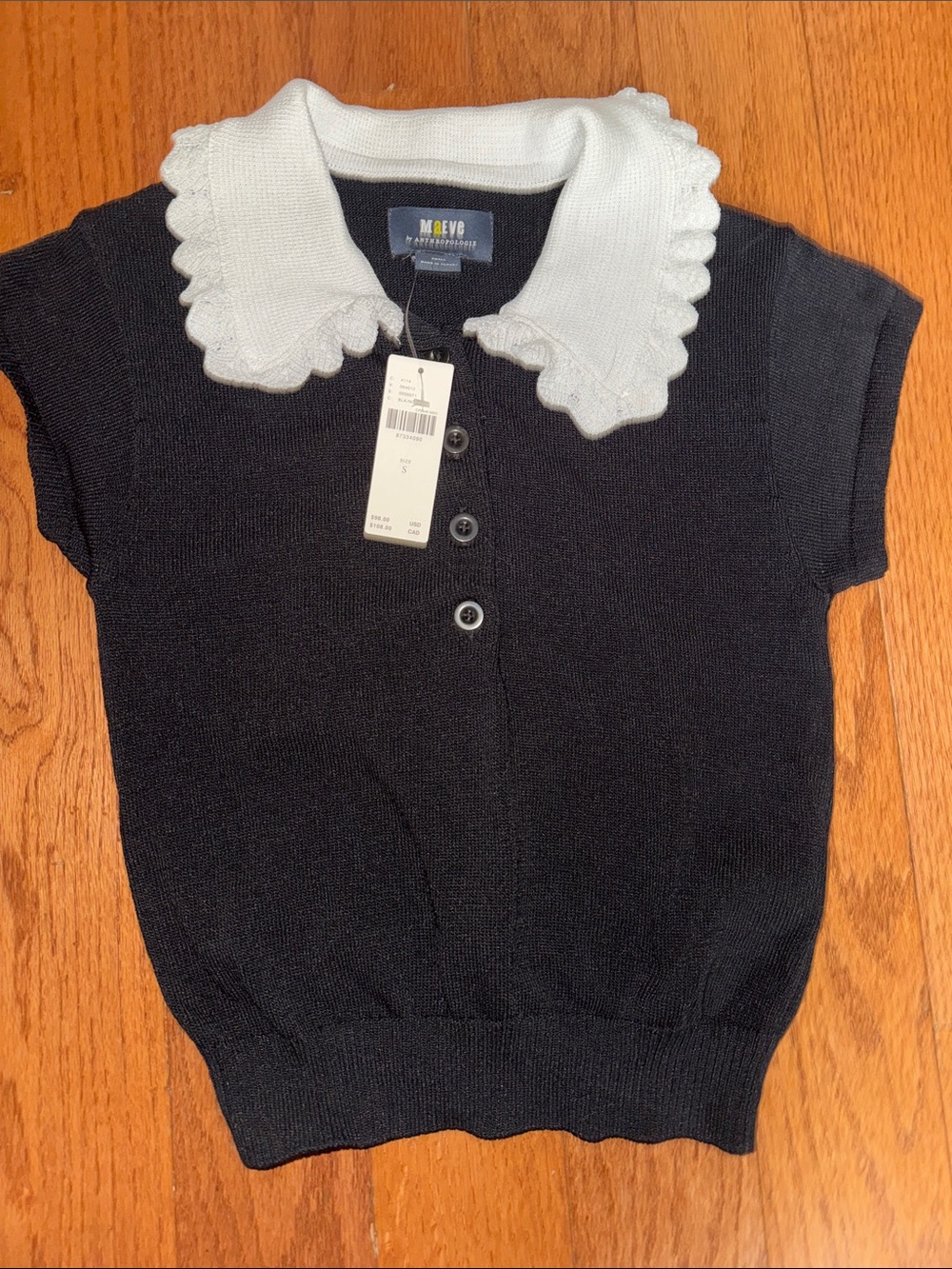 Anthropologie Maeve Black  Top with White Scalloped Collar